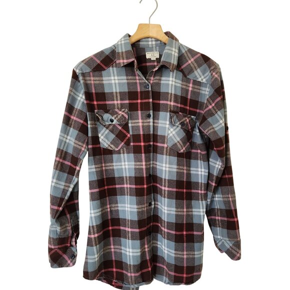 Matchstick Tops - Matchstick Plaid Flannel Button-Up Shirt Blue Brown Pink Cabincore Woodsy Rustic